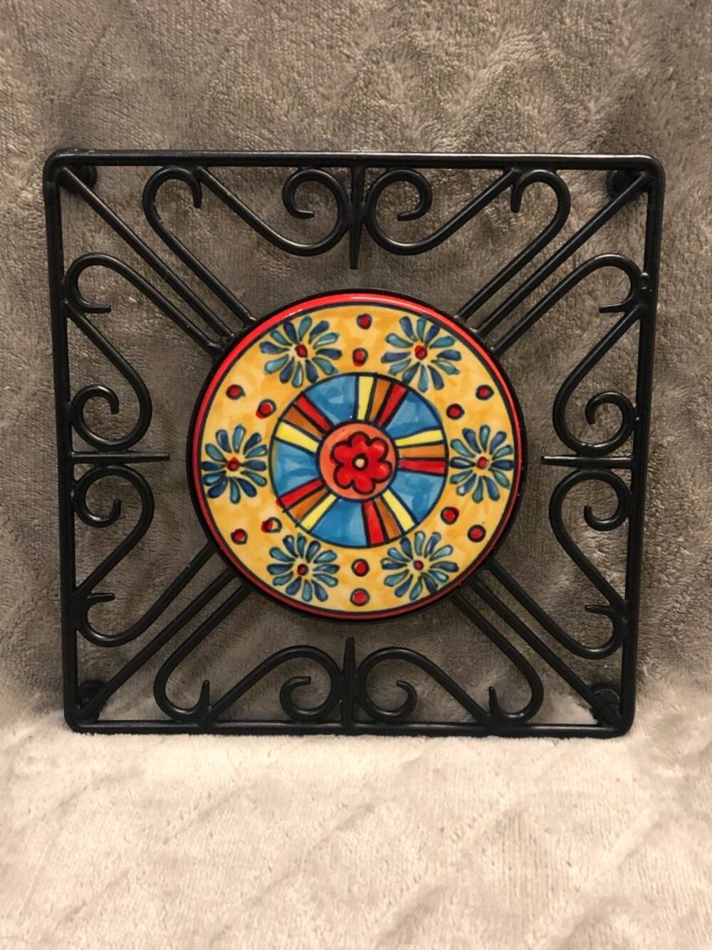 Colorful Pier 1 Hand-painted Ceramic and Iron Trivet 7.5" Square